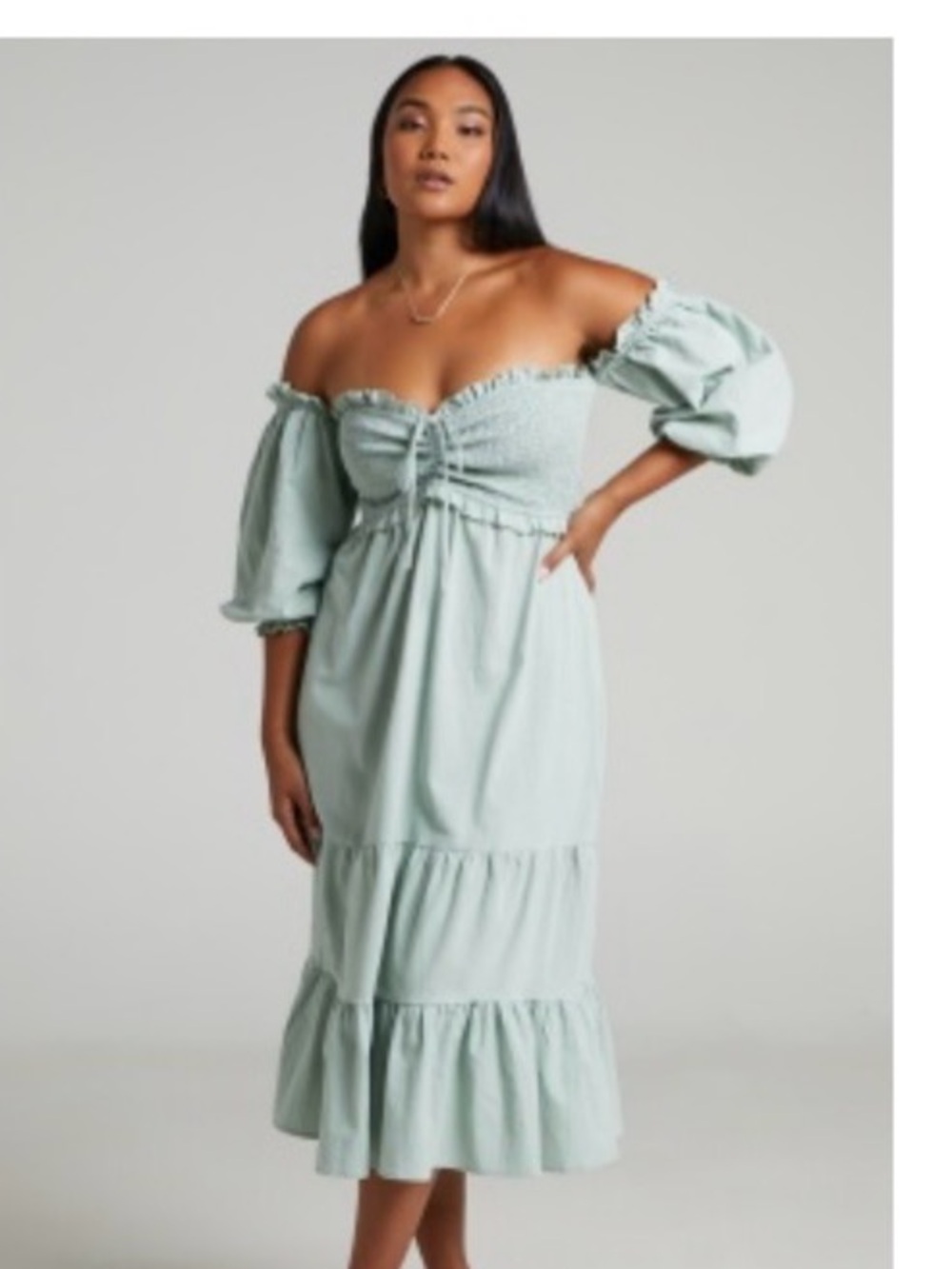 Showpo Sage Smocked Off-Shoulder Midi Dress